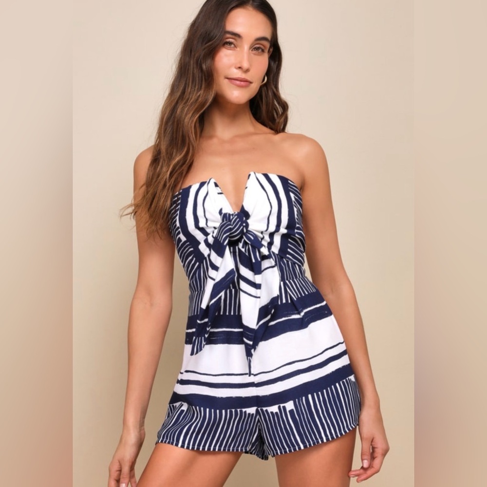 Lulu's Navy and White Striped Strapless Tie-Front Dress